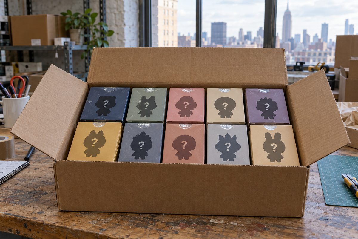 Master carton holding sealed mystery blind boxes with collector packaging graphics