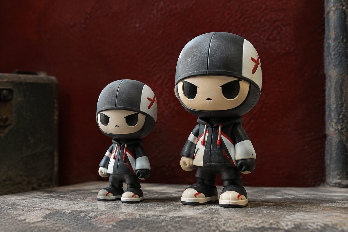 Comparison display of three-inch and four-inch designer vinyl toy figures