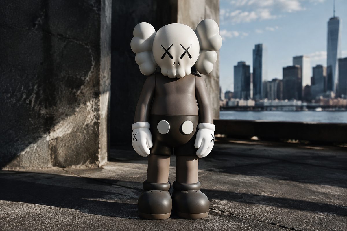 Kidrobot limited edition designer vinyl art figure on dark concrete display ground
