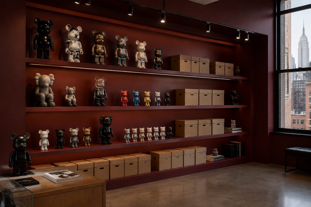 New York showroom archive shelf at 74 Leonard Street displaying rare vinyl editions