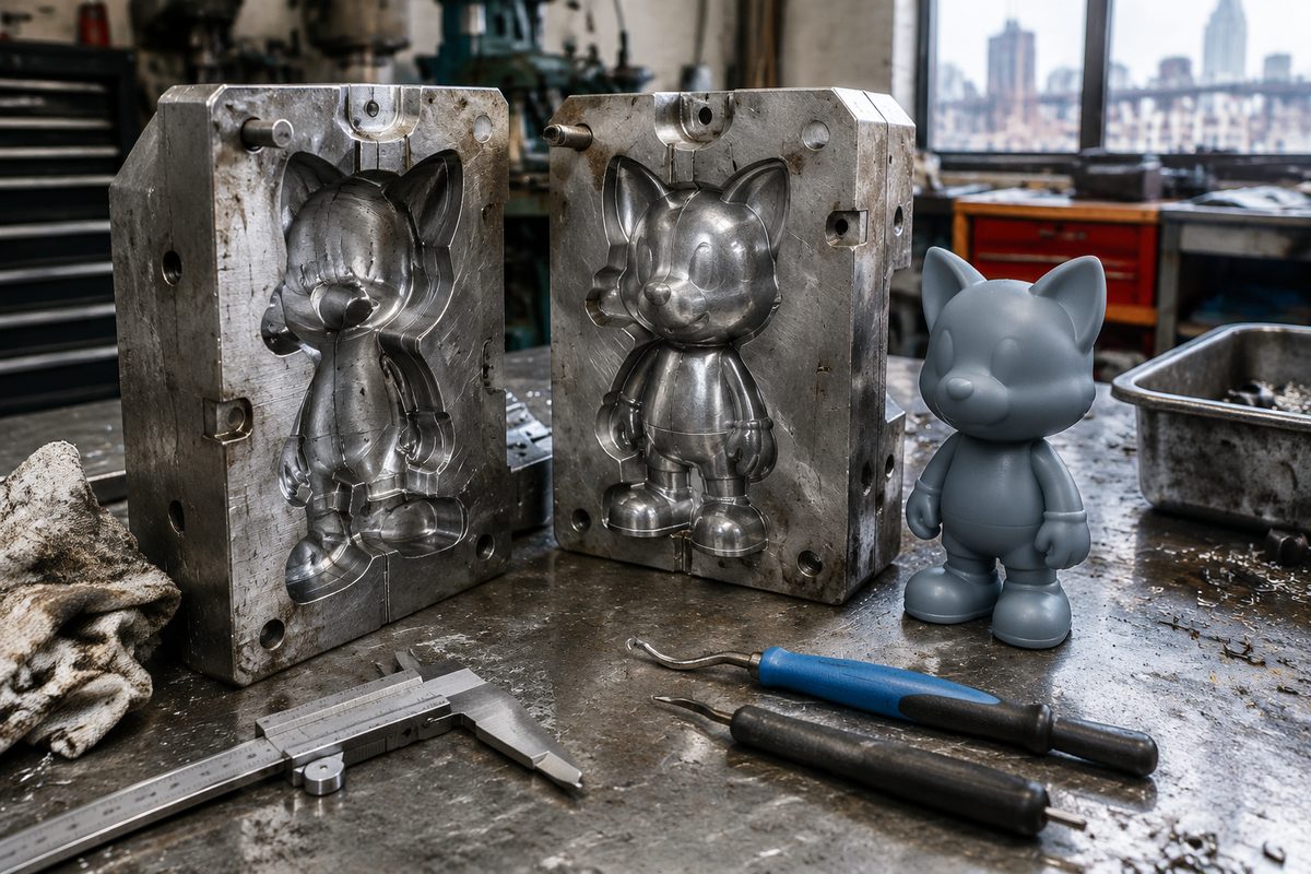 Rotational casting metal mold and vinyl fabrication tools on industrial bench